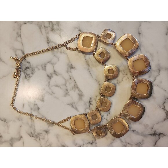 Susan Graver Statement Necklace Double Layer Beige & Gold Tone Geometric Design - Picture 3 of 4